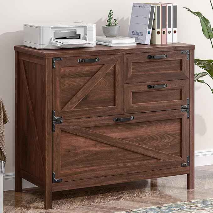 Vabches 4-Drawer Wood Lateral File Cabinet for Hanging Files Letter/A4/Legal Size, Large Farmhouse File Cabinets for Home Office, Printer Stand with Office Cabinet, Rustic Brown