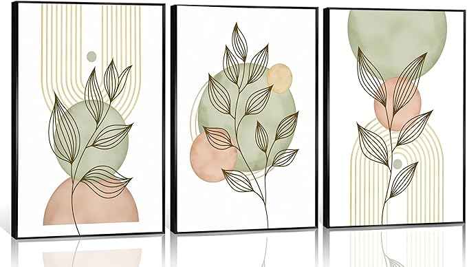 3Pcs Sage Green Boho Canvas Wall Art Modern PinkBotanical Posters Print Abstract With Leafr Pictures Wall Decoration For Living Room Bedroom Bathroom UnFramed