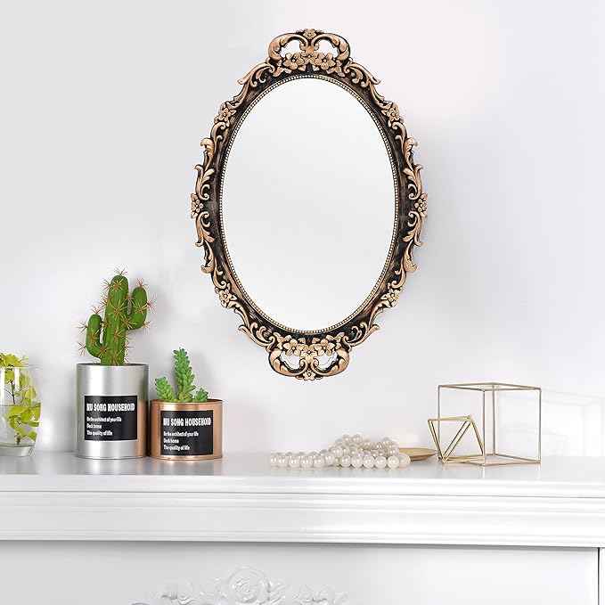 Vintage Decorative Gold Framed Mirror, Wall Hanging Mirrors & Tabletop Tray for Bedroom Living Room Dresser Decor, Oval- 9.6" W x 14.3" L (Bronze)