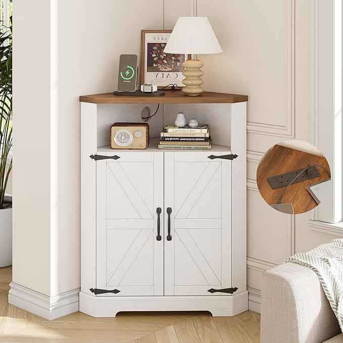 Vabches Farmhouse Corner Cabinet with Charging Station,Small Corner Storage Cabinet with Barn Doors and Adjustable Shelves for Living Room,Bathroom,and Kitchen