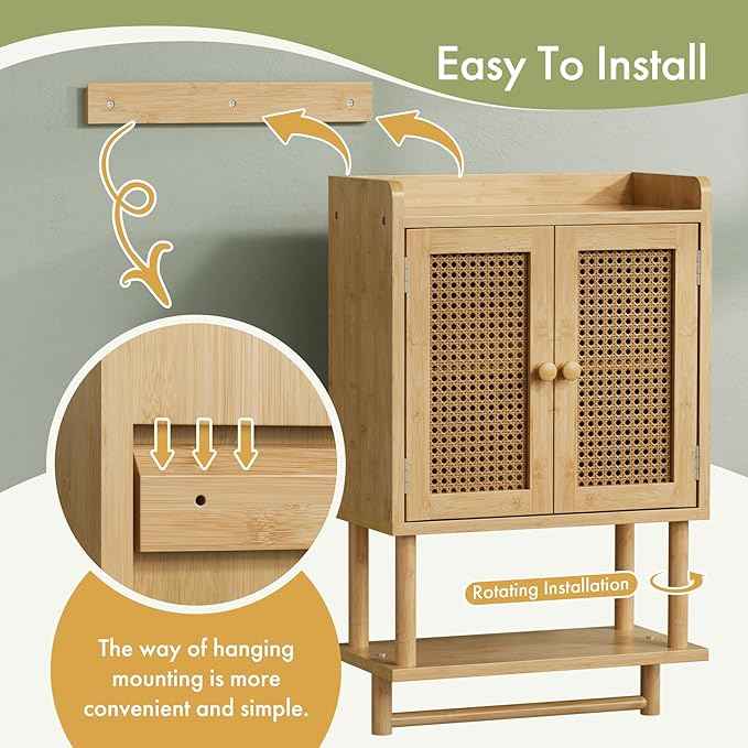 AmazerBath Bathroom Wall Cabinets, Bamboo Medicine Cabinet with Rattan Door, Over The Toilet Storage Cabinet with Towel Bar, Wall Mounted Cabinet with Adjustable Shelves for Small Spaces