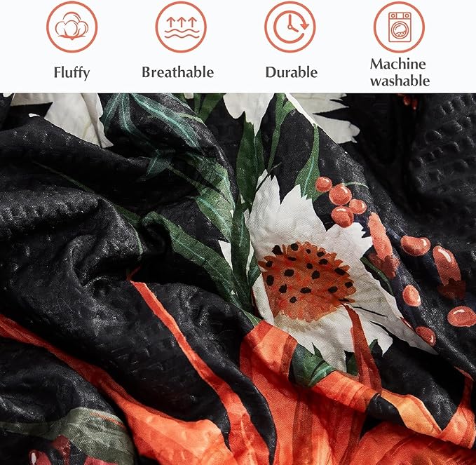 CASAAGUSTO Full Comforter Set, 7 PCS Black Shore Floral Comforter Set with Flowers Leaves Pattern, Soft Seersucker Design All Season Queen Size Bedding Set with Decor Pillow (80"X90")