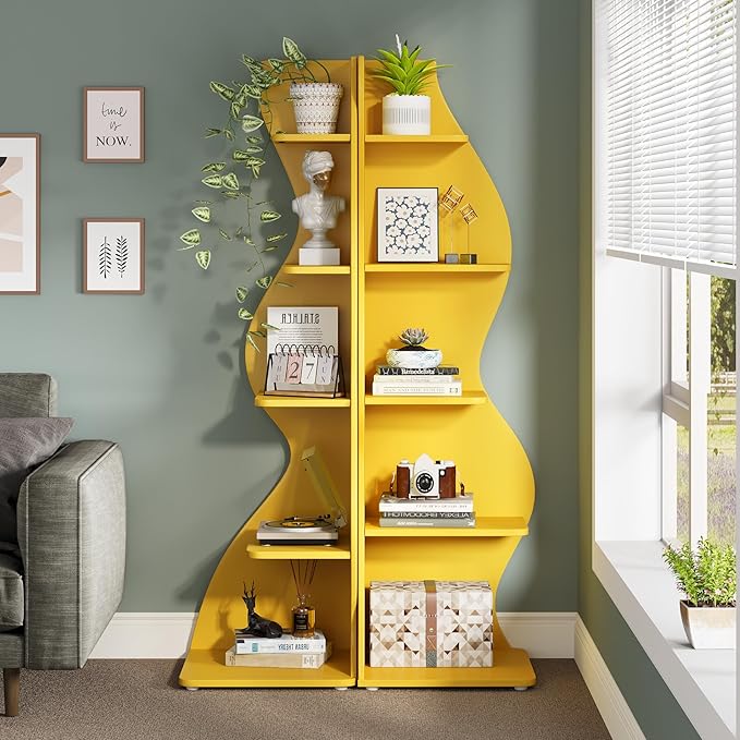 Tribesigns Corner Shelf, Modern 5-Tier Wall Corner Bookshelf, Stylish Corner Small Bookcase Storage Rack Plant Stand with Unique Shape for Living Room, Home Office (Yellow, 1PC)