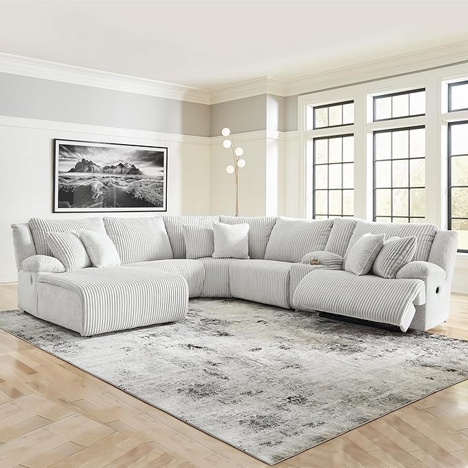 Signature Design by Ashley Top Tier Modern Right-Arm Facing 6-Piece Reclining Sectional with Chaise, Armrest, Throw Pillows and Storage, Light Gray