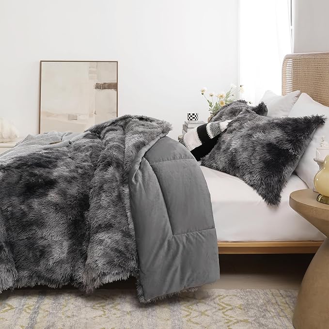 Smoofy Fluffy Full Size Comforter Set, Faux Fur Comforter Set, Luxury Fuzzy Bedding Set, Soft Shaggy Full Bed Set for All Season, 3 Pieces - 1 Comforter & 2 Pillowcases, Tie-Dye Grey