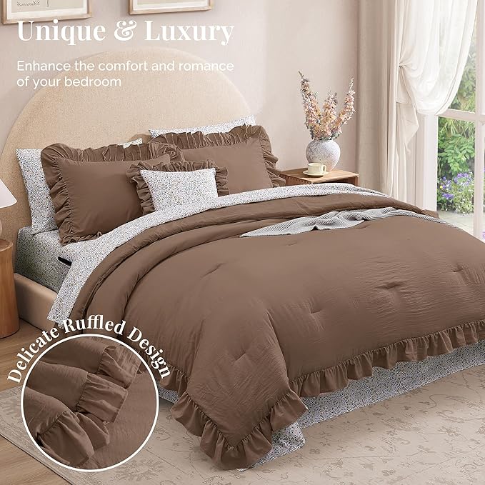 Queen Comforter Set - 7 Pieces Ruffle Amber Brown Bedding Sets, Shabby Chic Farmhouse Bed in a Bag with Ruffle Comforter, Floral Sheets, Pillowcases & Shams