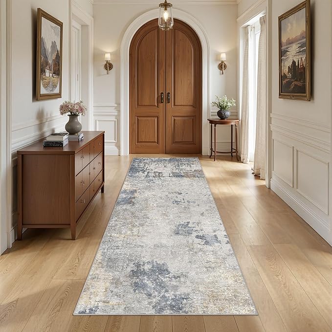 3X8 Washable Runner Rug for Hallway: Soft Neutral Modern Abstract Area Rug - Non-Slip Low Pile Long Throw Indoor Carpet for Kitchen Entryway Kitchen Bedroom Laundry Bathroom- Blue Grey
