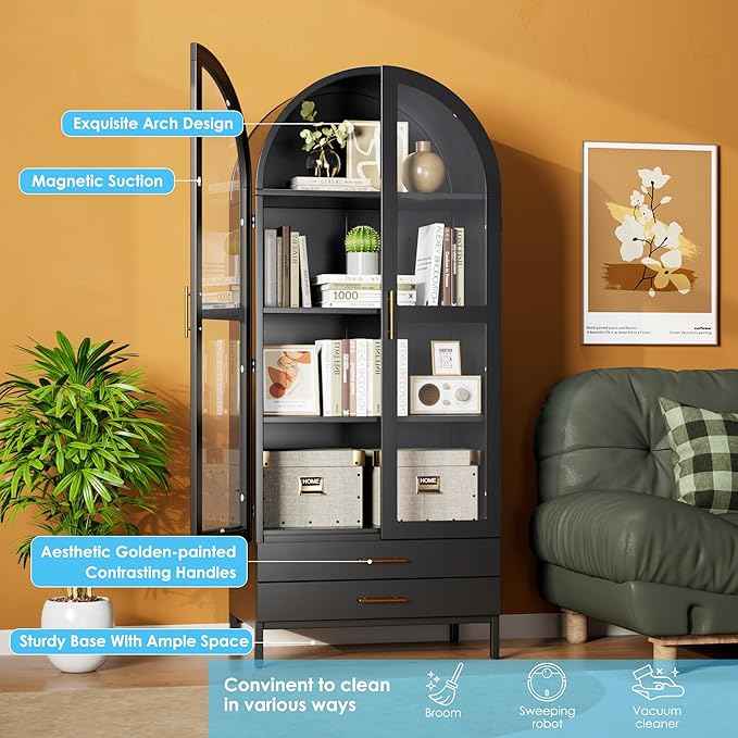 Metal Arched Pantry Cabinet with 2 Drawers and Glass Doors,Black Arched Bookcase with 2 Adjustable Shelf for Kitchen Home Office,Installation Required,Black