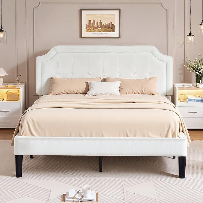 VECELO Queen Size Bed Frame with Velvet Upholstered Headboard, Platform Bedframe Mattress Foundation, Sturdy Wooden Slats Support,No Box Spring Needed Noise Free/Easy Assembly, White