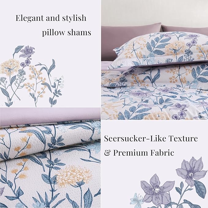 CASAAGUSTO Full Comforter Set, 7 PCS Purple Iris Floral Comforter Set with Flowers Leaves Pattern, Soft Seersucker Design All Season Full Size Bedding Set(80"X90")