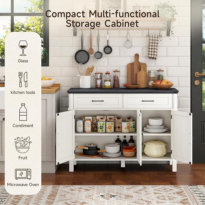 48 Inches Sideboard Buffet Cabinet with Storage, Farmhouse Sideboard Buffet w/2 Drawers and 3 Doors, Kitchen Cabinet with Adjustable Shelf, Wood Console Table for Living Room, Hallway, Off White&Black