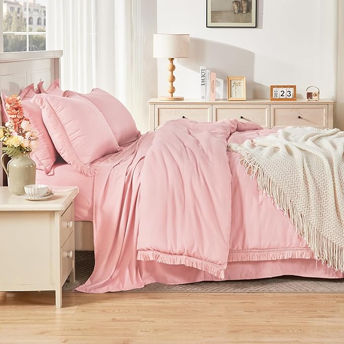 Andency Full Size Comforter Set Light Pink -7 Pieces Boho Tassel Bed in a Bag Soft Lightweight Bedding Sets, Fringe All Season Bed Set with Comforter, Sheets, Pillowcases & Shams