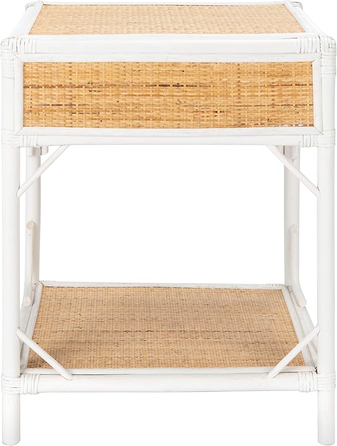 SAFAVIEH Home Collection – Roya White & Natural Nightstand with Drawer & Shelf, Coastal Accent Table, Bamboo-Style Frame & Rattan Drawer (NST4005C)