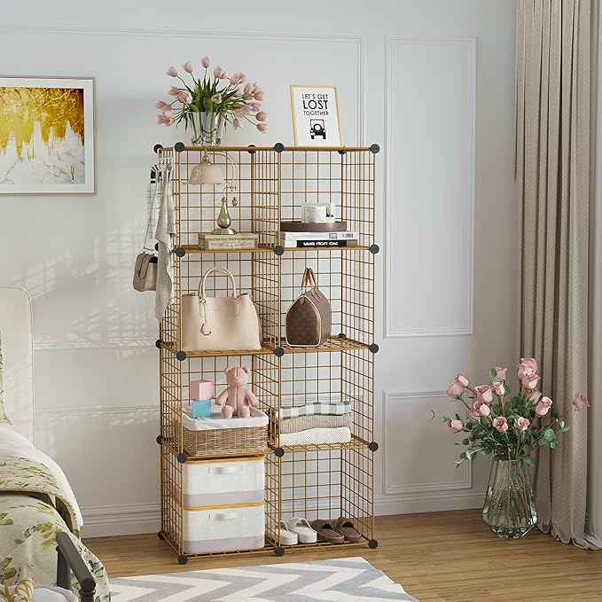 C&AHOME Wire Cube Storage, 8 - Cube Organizer Metal C Grids, Modular Shelves Units, Closet Organizer, Ideal for Home, Office, Living Room, 24.8" L x 12.4" W x 48.4" H, Brown UWCS3008R