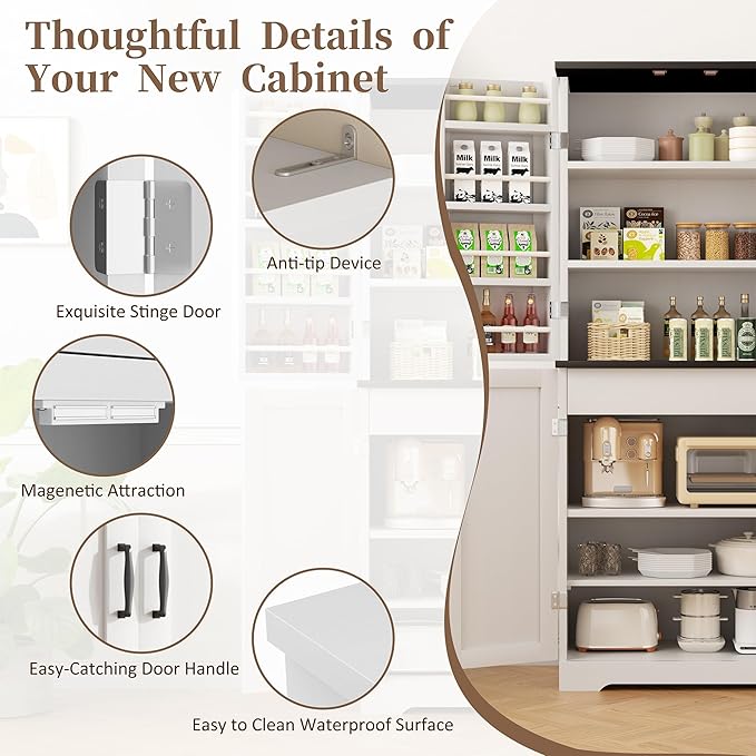 Shintenchi Kitchen Pantry Cabinet, Freestanding Farmhouse Storage Cabinet with 8 Door Shelves, 2 Cabinets and 1 Drawer, Tall Cupboard for Kitchen, Living Room, Dining Room and Bathroom, White