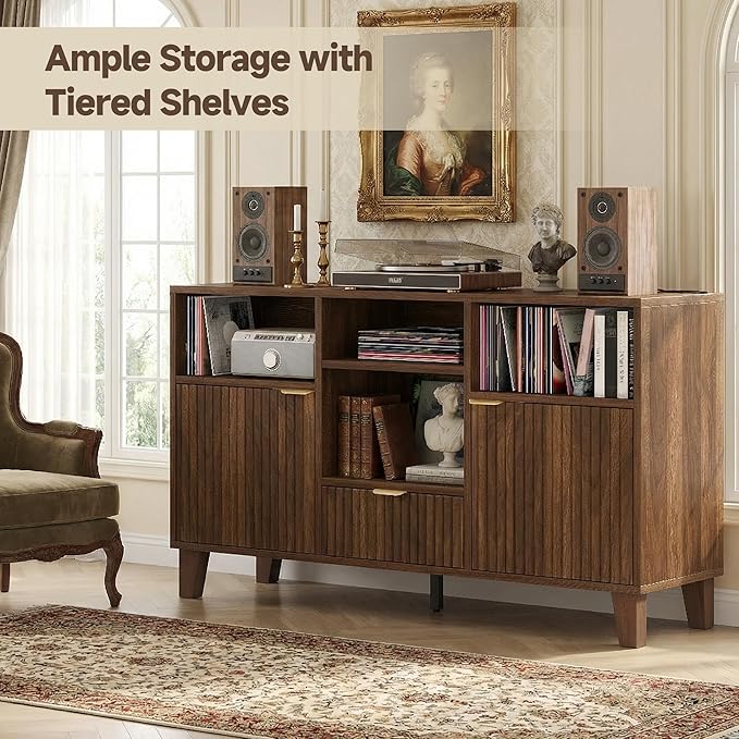 Large Round Record Player Stand with Vinyl Record Storage & Charging Station, Modern Turntable Cabinet with Power Outlet and USB Ports for Living Room and Bedroom (Walnut)
