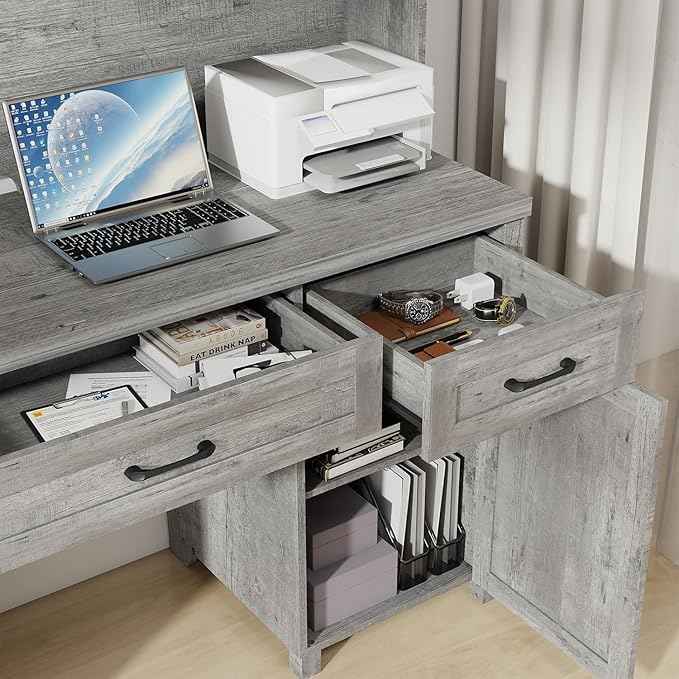 Vabches Farmhouse 61'' Executive Desk with 5 Drawers, Rustic Office Desk Computer Desk with Charging Station, File Drawers and Storage Cabinet, Wood Workstation for Home Office and Study,Grey.