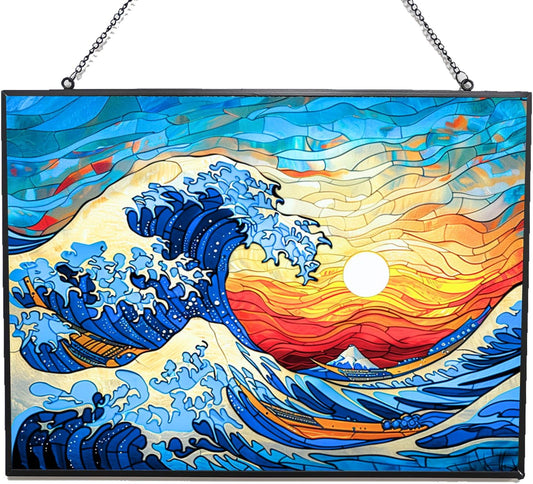 Rectangle Ocean Wave Suncatcher Stained Glass Window Hanging Handmade Stained Glass Suncatchers Metal Chain Outdoor Garden Decor Gift for Women Christmas Thanksgiving