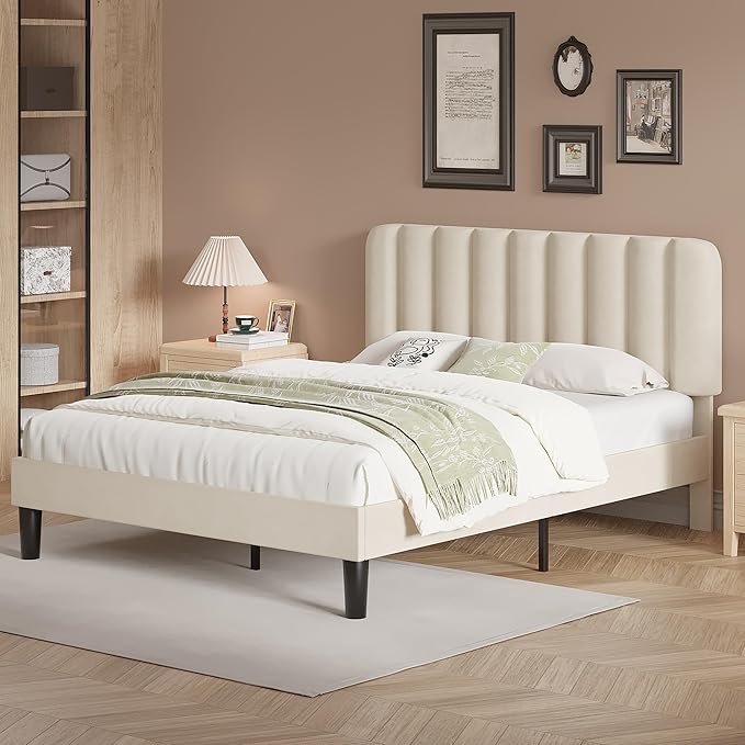 VECELO Queen Size Bed Frame with Upholstered Headboard, Velvet Platform Bedframe Mattress Foundation, Strong Wood Slat Support, No Box Spring Needed,Bone Beige