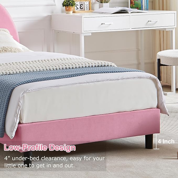 VECELO Twin Size Bed Frame with Storage Organizer, Heavy-Duty Platform with Rabbit Shaped Headboard for Girls Kids Room, Storage Organizer, Easy Assembly, Pink