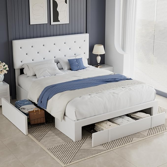 VECELO Full Size Bed Frame with 3 Storage Drawers, Leather Upholstered with Diamond Tufted Headboard, Solid Wood Slat Support, No Box Spring Needed, PU & White