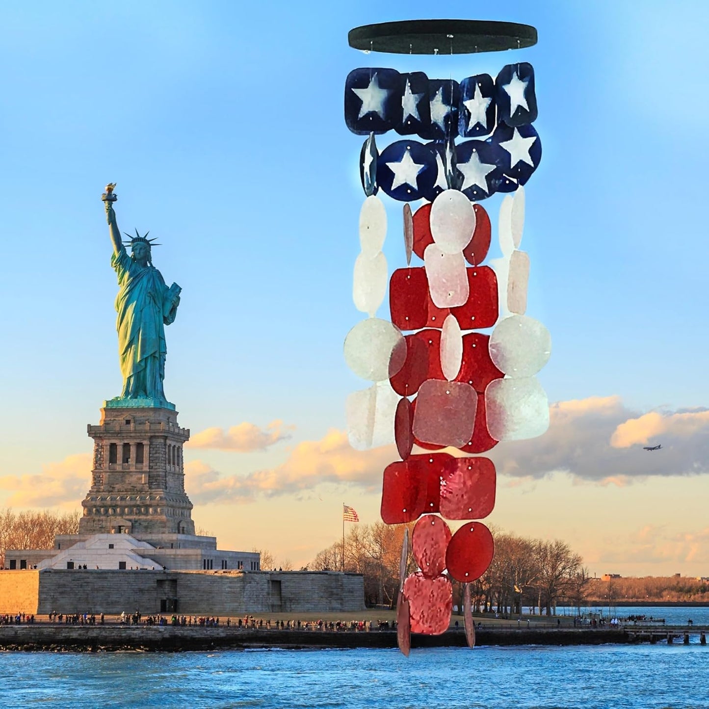 Bellaa 24834 Wind Chimes Outdoor, Garden Decorations, Musical, Indoor/Outside Windchimes, Beach, Ocean Breeze, Gifts for Mom, Gift for All Occasions, Capiz Sea Glass Shells Wood American Patriotic