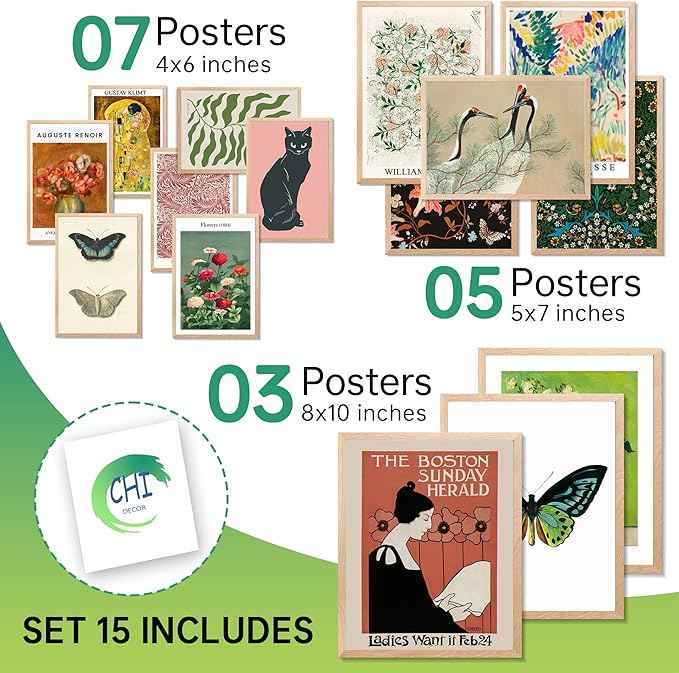 LANCHI95 15 Pcs Eclectic Wall Decor, Modern Eclectic Home Decor, Retro Maximalist Decor Aesthetic, Vintage Wall Art Prints, Colorful Boho Gallery Prints for Bedroom Dorm (Unframed)