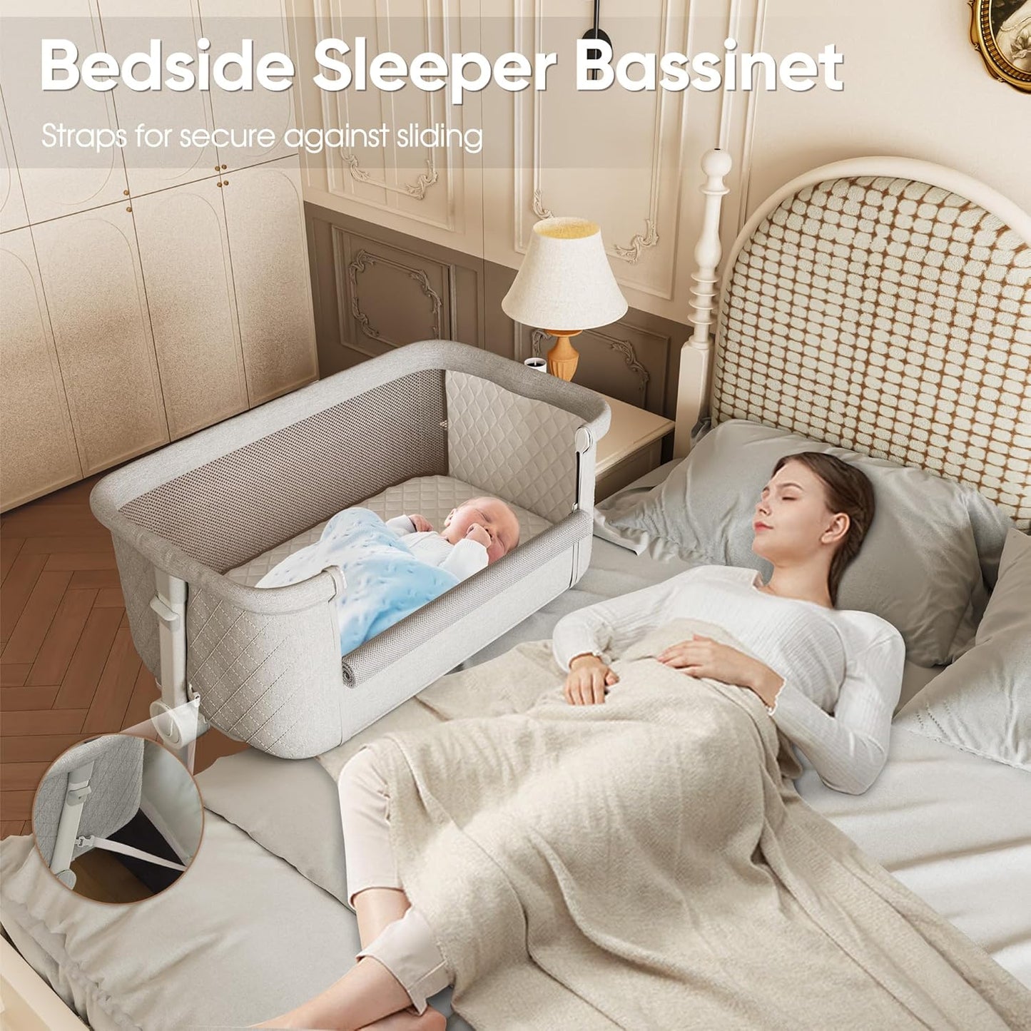 Baby Bassinets, 9 Height Adjustable Bedside Bassinet for Baby, Bedside Sleeper Bassinet with Breathable Mesh and Lockable Wheels, New Born Baby Essentials Must Haves