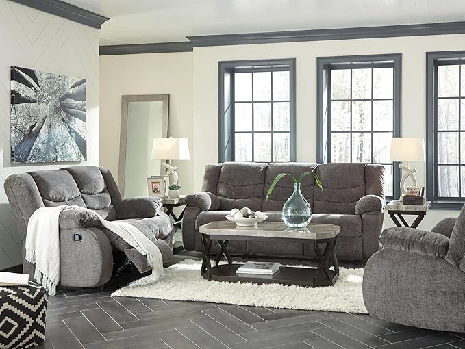 Signature Design by Ashley Tulen Reclining Loveseat, Dual-sided Recliner, Pull Tab Reclining Motion, Fabric Upholstery, 63" W x 40" D x 40" H, Dark Gray