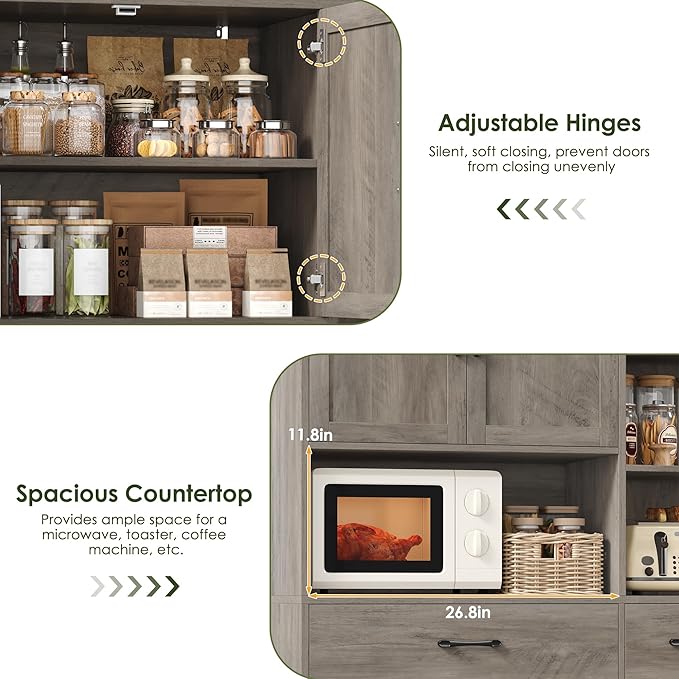 67" Kitchen Pantry Cabinet, Modern Kitchen Hutch with 5 Doors and 2 Drawers, 3-Tier External Shelf, Large Pantry Storage Cabinet with Microwave Stand for Dining Room, Ash Gray