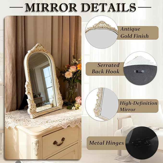 Baroque White Vintage Vanity Mirror 13x10 Inch, Wall-Mounted & Tabletop Dual-Use, Ornate Gold Accent Retro Decorative Mirror for Bedroom Dresser, Bathroom, Living Room and Dorm