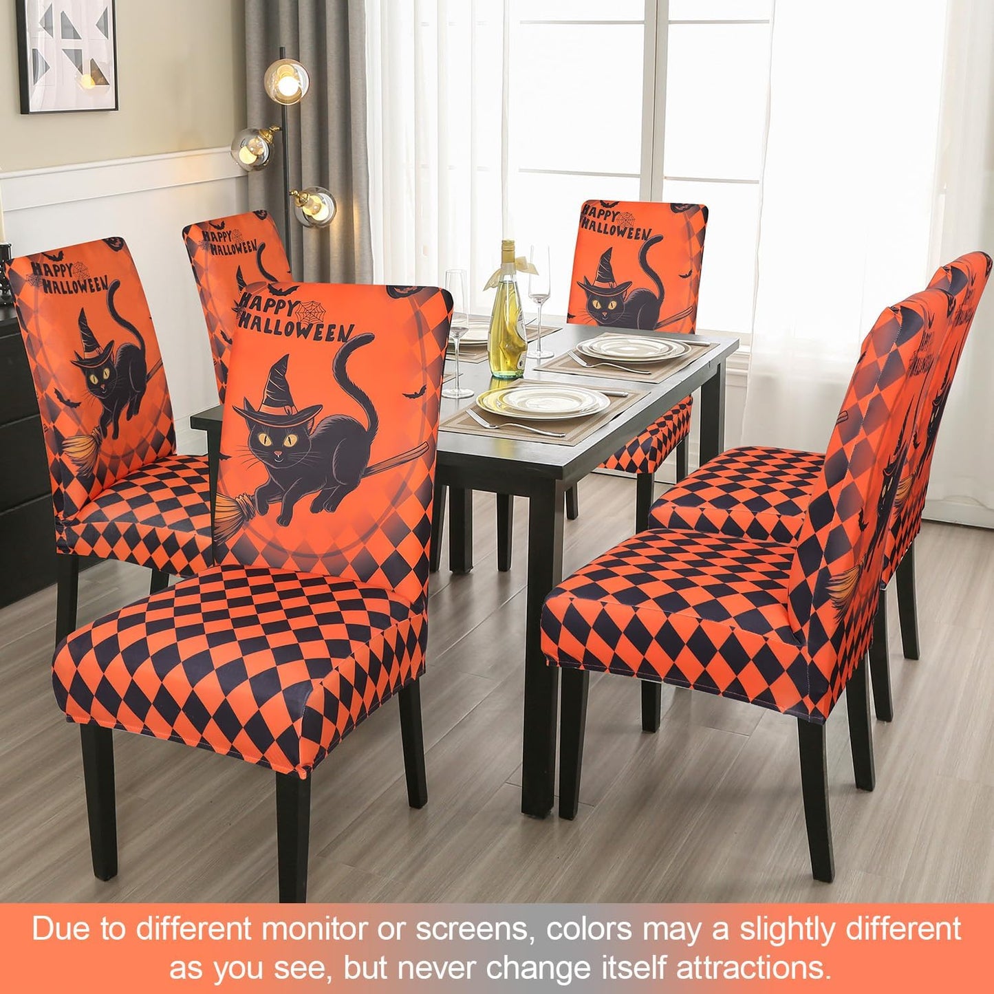 JQinHome Orange Halloween Chair Slipcover,Cat Chair Covers Set of 4, High Stretch Washable Chair Protector Cover for Dining Room, Kitchen,Home Party,Wedding Ceremony(Cat Orange,4PC)