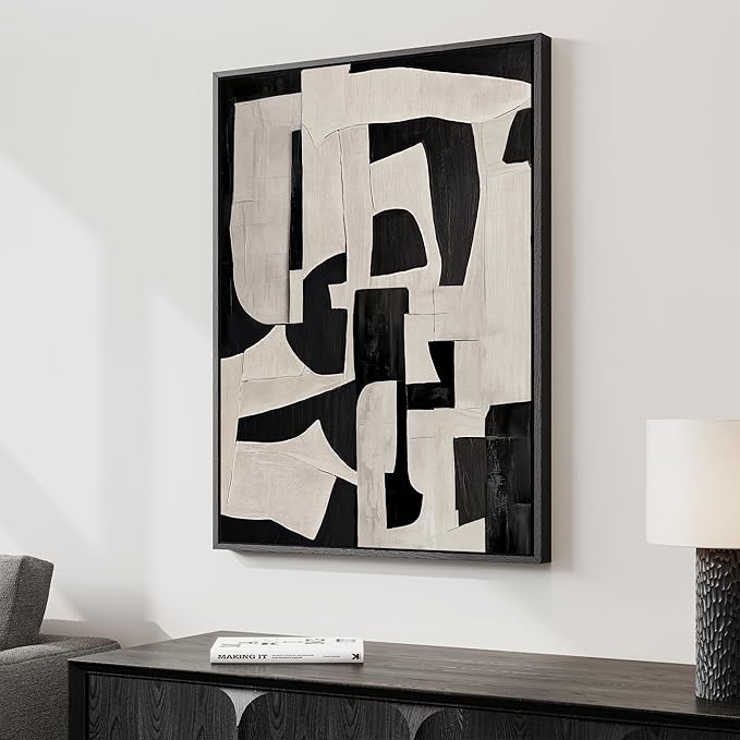 Framed Neutral Abstract Wall Art, Modern Black and Beige Canvas Prints Paintings Artwork for Walls, Minimalist Black White Pictures for Living Room, Hallway, Dining Room, Bedroom Wall Decor 24x36 In