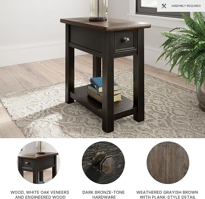 Signature Design by Ashley Tyler Creek Chair Side End Table, Plank-styled Top, Smooth-gliding Drawer, Wood, 14.13" W x 24.13" D x 24.13" H, Light Brown & Whitewash