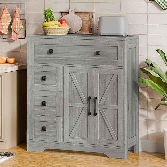 Vabches Farmhouse Storage Cabinet with 2 Doors and 4 Drawers, Freestanding Bathroom Storage Cabinet Kitchen Pantry, Floor Hutch Cupboard for Bathroom/Living Room/Kitchen.(Wash Grey