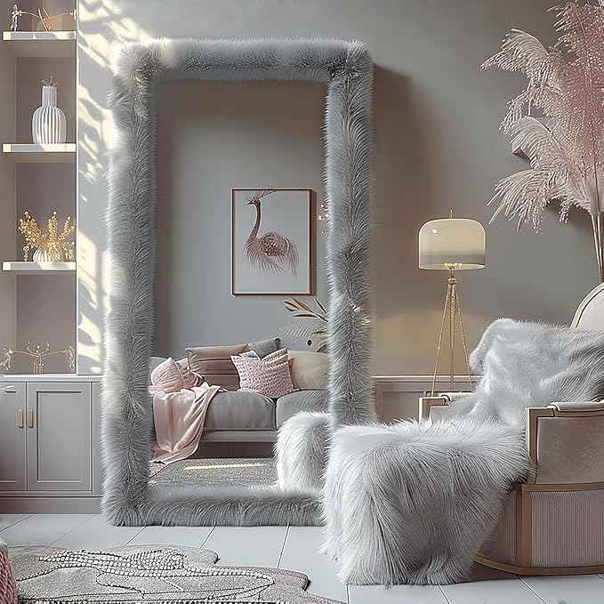 Full Length Mirror Free Standing Furry Faux Fur Framed Full Body Floor Mirror Wall Mounted Leaning Hanging Wall for Bedroom Hallway Entrance, 63"x24", Gray
