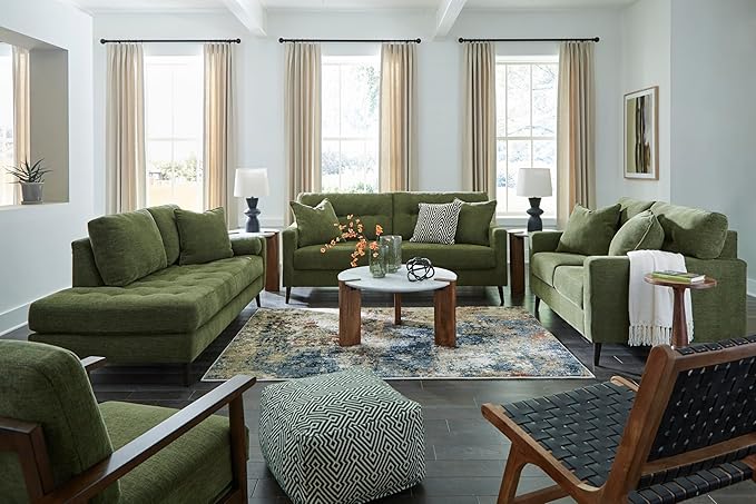 Signature Design by Ashley Bixler Mid-Century Modern Tufted Loveseat with 2 Toss Pillows, Green