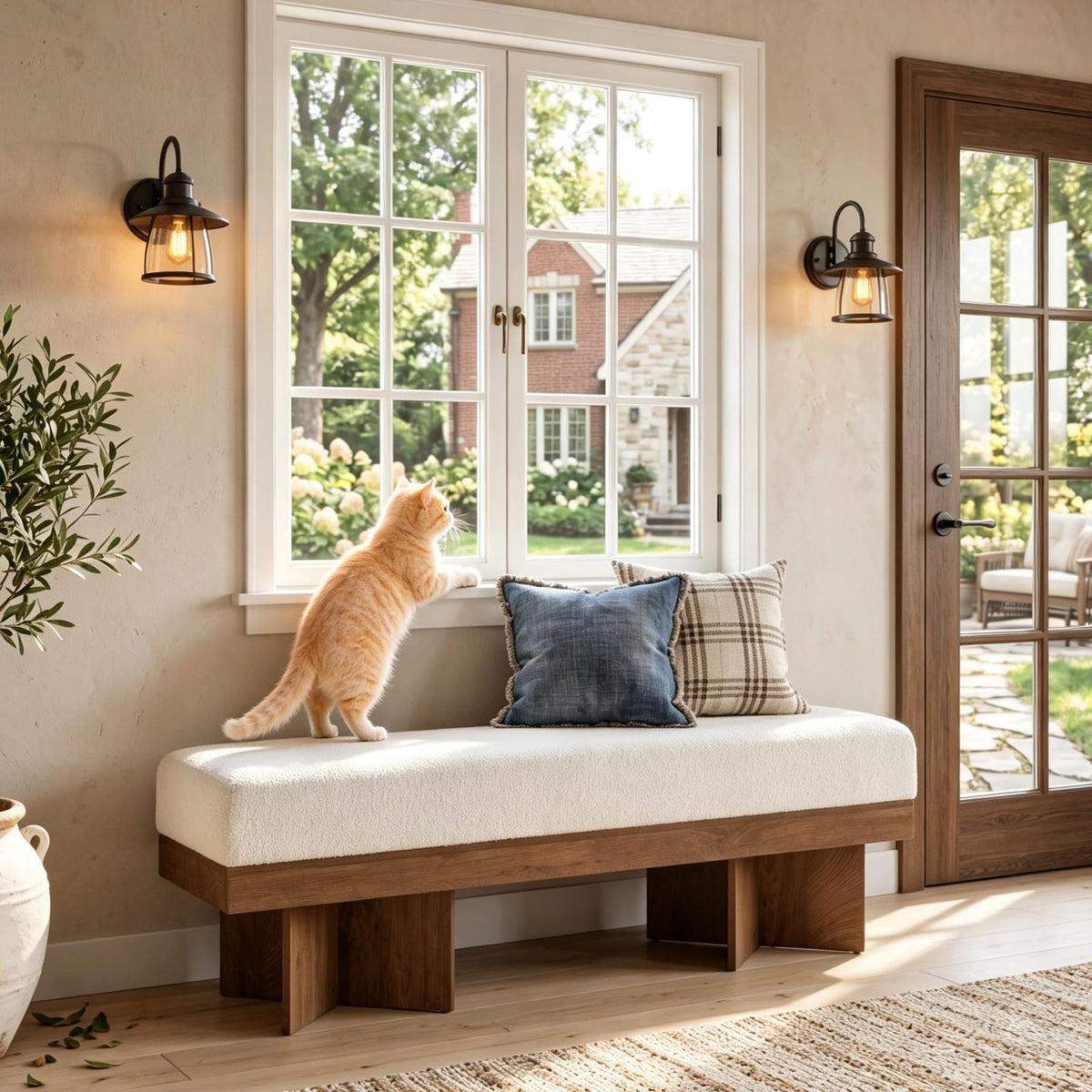 55" Entryway Bench with Faux Lamb Wool