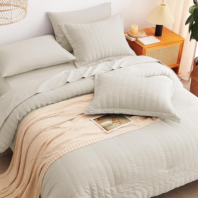 CozyLux Full Size Comforter Sets with Sheets Seersucker 7 Pieces Oatmeal Bed in a Bag Textured Luxury Soft Bedding Set with Down Alternative Comforter, Sheets, Pillowcases & Shams for All Seasons