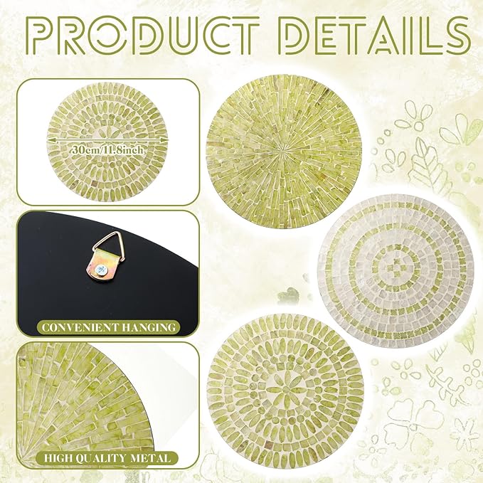 Tioncy 3 Pcs 11.8 Inches Spring Lime Green Mother of Pearl Shell Plate Lime Green Wall Art Mosaic Wall Sculpture Shell Handmade Hanging Plates Arts for Bedroom Bathroom Home Office Hotel