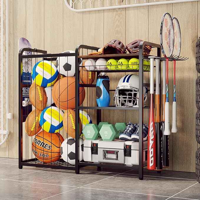 Garage Sports Equipment Organizer, Ball Storage for Gear and Toys, Large Capacity, Sports Organizer for Garage with Hooks and Baskets