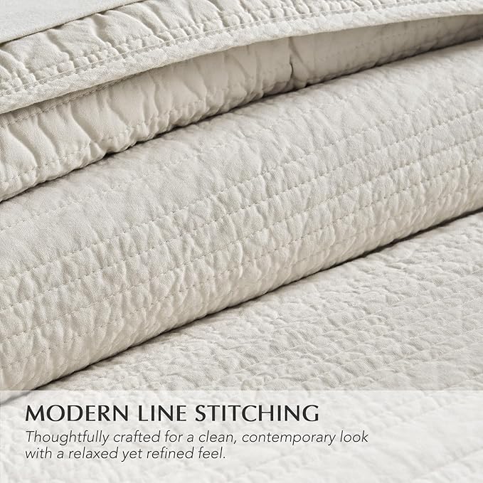 EVERGRACEHOME 100% Cotton Modern Lines Quilt Set Queen Size, Pre-Washed Soft Striped Coverlet Bedspread, 3 Piece Lightweight Bedding Set for All Season, with 2 Pillow Shams, Birch