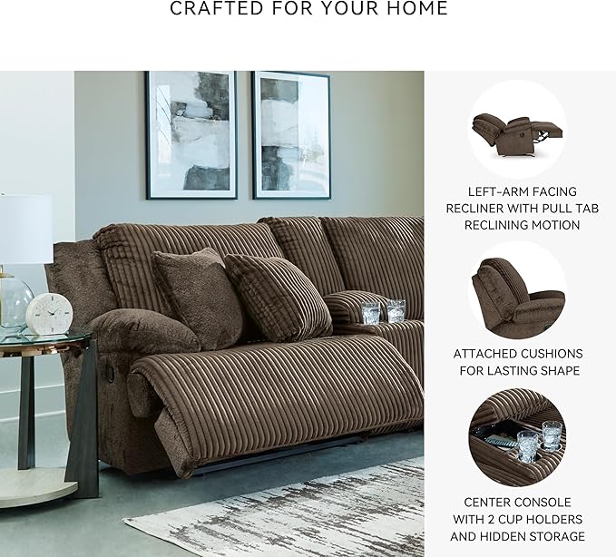 Signature Design by Ashley Top Tier Contemporary L-Shaped 3-Piece Reclining Sectional Sofa with Chaise, Console Storage and 4 Accent Pillows, Dark Brown