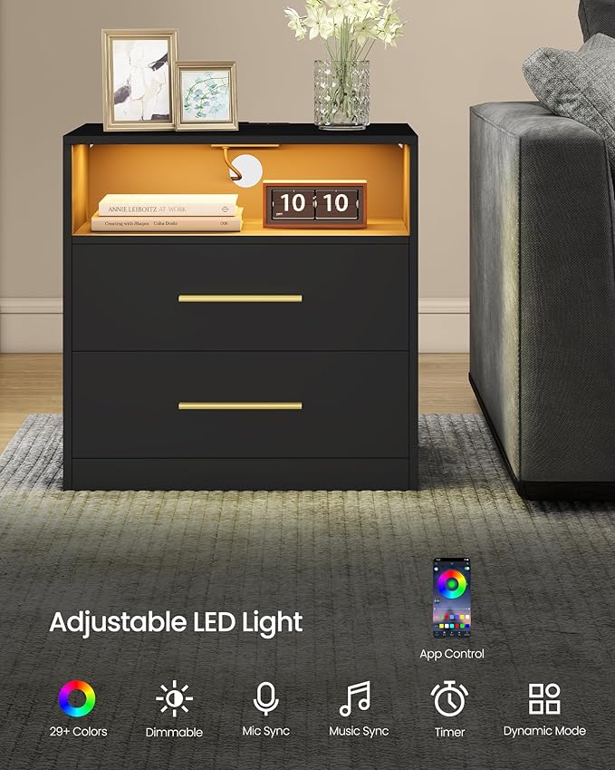 VASAGLE Custos Collection - Nightstand with Charging Station, LED Lights, Modern Night Stand, Side End Table with Drawers, Open Shelf, 2 AC Outlets USB Ports, Ink Black ULET639BC01S