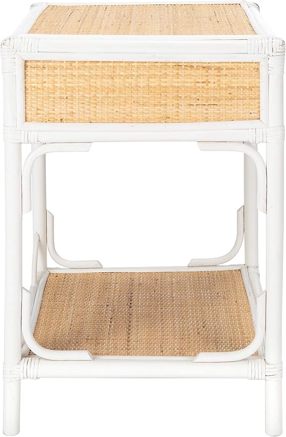 SAFAVIEH Home Collection – Roya White & Natural Nightstand with Drawer & Shelf, Coastal Accent Table, Bamboo-Style Frame & Rattan Drawer (NST4005C)