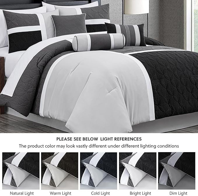 Chezmoi Collection Upland 7-Piece Quilted Patchwork Comforter Set, Black/Gray/Light Gray, Queen