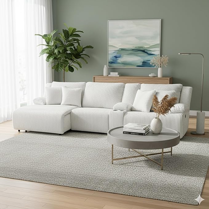 Signature Design by Ashley Top Tier Casual Manual Left-Arm Facing 4-Piece Reclining Sectional with Chaise, Console, Storage, 2 Cup Holders and 4 Accent Pillows, Light Gray