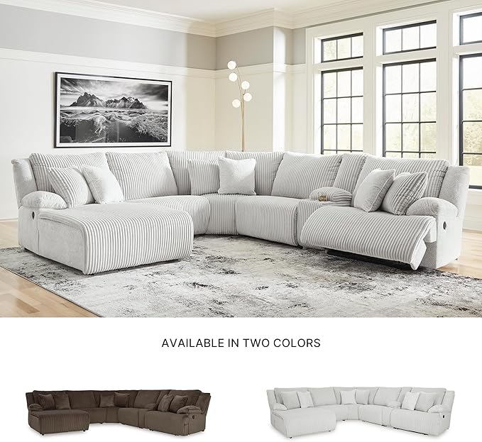 Signature Design by Ashley Top Tier Modern Right-Arm Facing 6-Piece Reclining Sectional with Chaise, Armrest, Throw Pillows and Storage, Light Gray