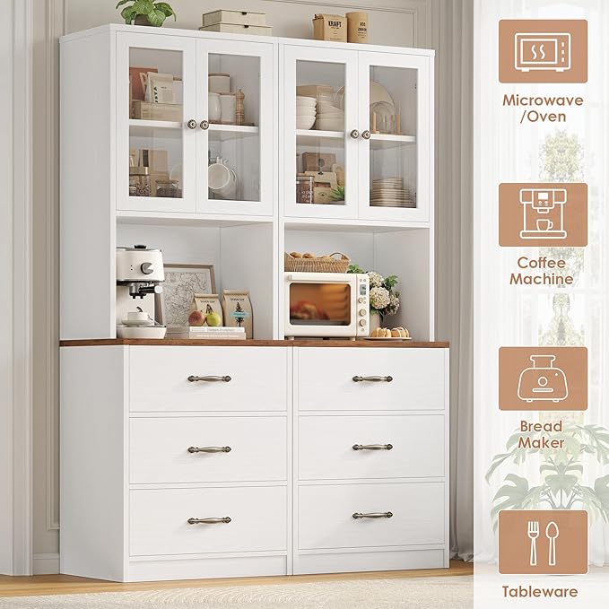 Keyluv 71“ Tall Kitchen Pantry Storage Cabinet with Microwave Stand, Buffet Kitchen Hutch with Shelves and Drawers, Wood Coffee Bar Pantry Cabinet with Glass Doors, for Dining Room/Small Space, White