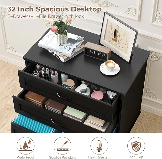 Large Wooden File Cabinet Black 32in Lateral Filing Cabinets 3 Drawer with Hanging File Folders for A4 Letter Legal Wood Office Storage Organizer Furniture Printer Stand